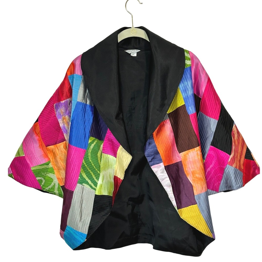 VTG Thai Silk Patchwork Open Front Kimono Jacket Colorful Artsy Boho Festival